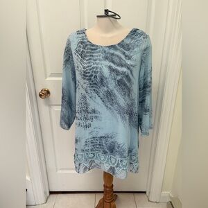 cleo Light Blue and Navy Patterned Lace-Hem Tunic